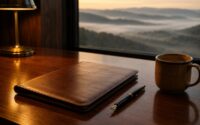 A closed leather portfolio and brass fountain pen on a wooden table by a window overlooking misty mountain ridgelines at dawn