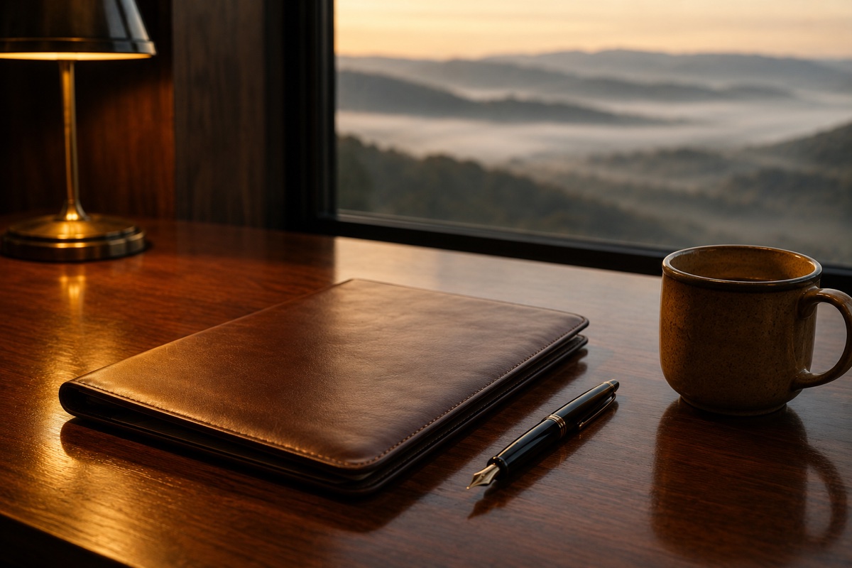 A closed leather portfolio and brass fountain pen on a wooden table by a window overlooking misty mountain ridgelines at dawn