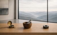 An antique brass pocket compass, a wooden mortar with a stone pestle, and a machined steel gear arranged in a line on a long pale oak surface beside a large window overlooking distant misty ridgelines