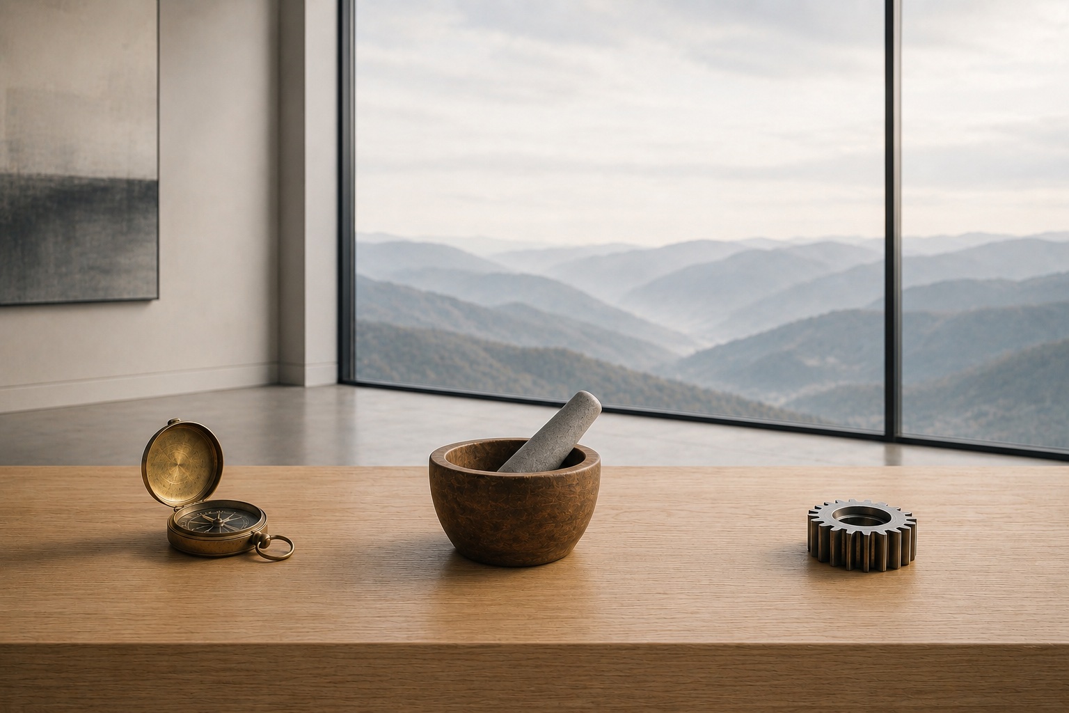 An antique brass pocket compass, a wooden mortar with a stone pestle, and a machined steel gear arranged in a line on a long pale oak surface beside a large window overlooking distant misty ridgelines