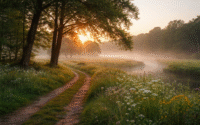 A winding dirt path through open countryside at sunrise, with soft mist and warm light in the distance.