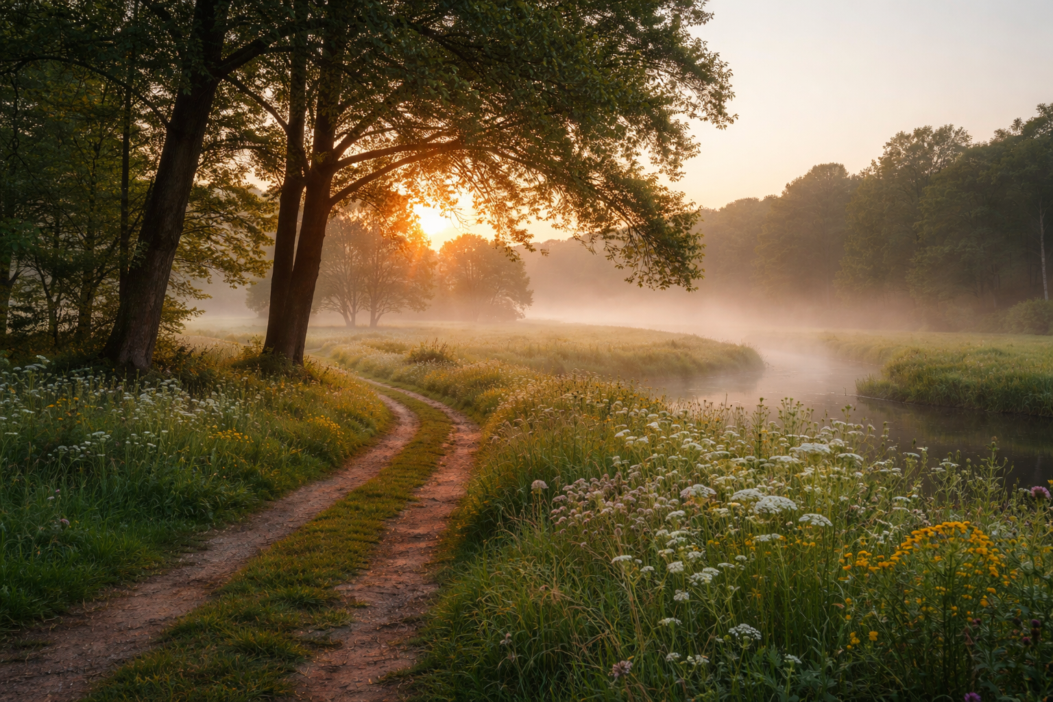 A winding dirt path through open countryside at sunrise, with soft mist and warm light in the distance.