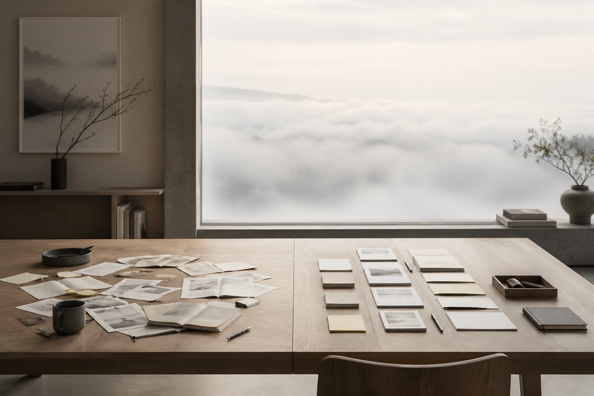 Documents laid out on a quiet workspace overlooking clouds - representing the deliberate preparation required before a team deploys AI tools
