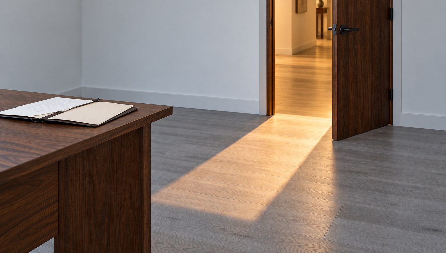 An unbroken band of warm corridor light falling through an open office doorway onto a cool grey wood floor, with the corner of a walnut desk and an open folder at the left of the frame and no one in the doorway