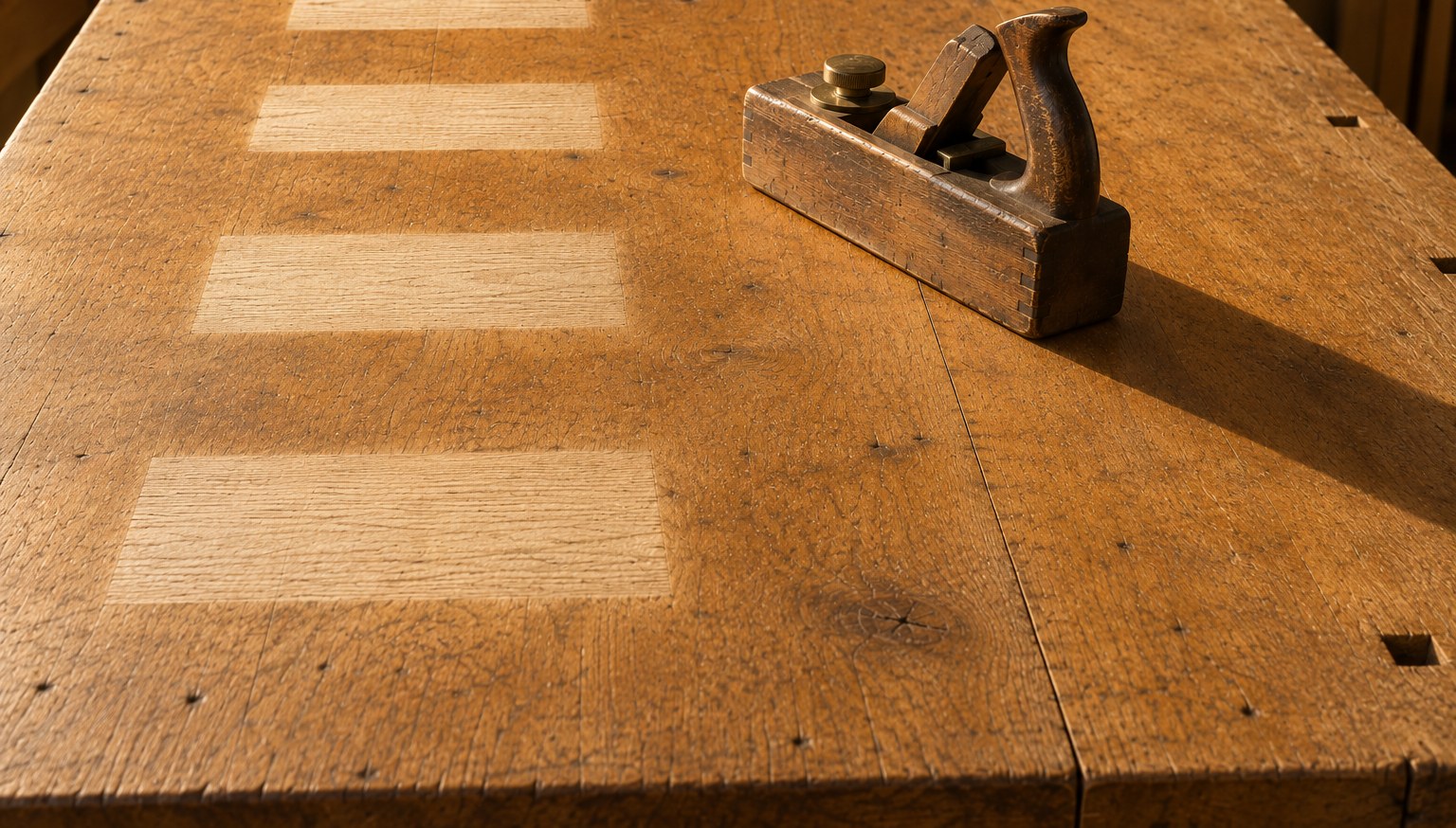 An old oak workbench in warm raking light, marked by a row of pale sun-bleached rectangles where objects once sat, with a single worn wooden hand plane remaining at the right and casting the only shadow in the frame