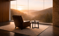 Empty leather armchair facing a misty forested valley at sunrise through floor-to-ceiling windows