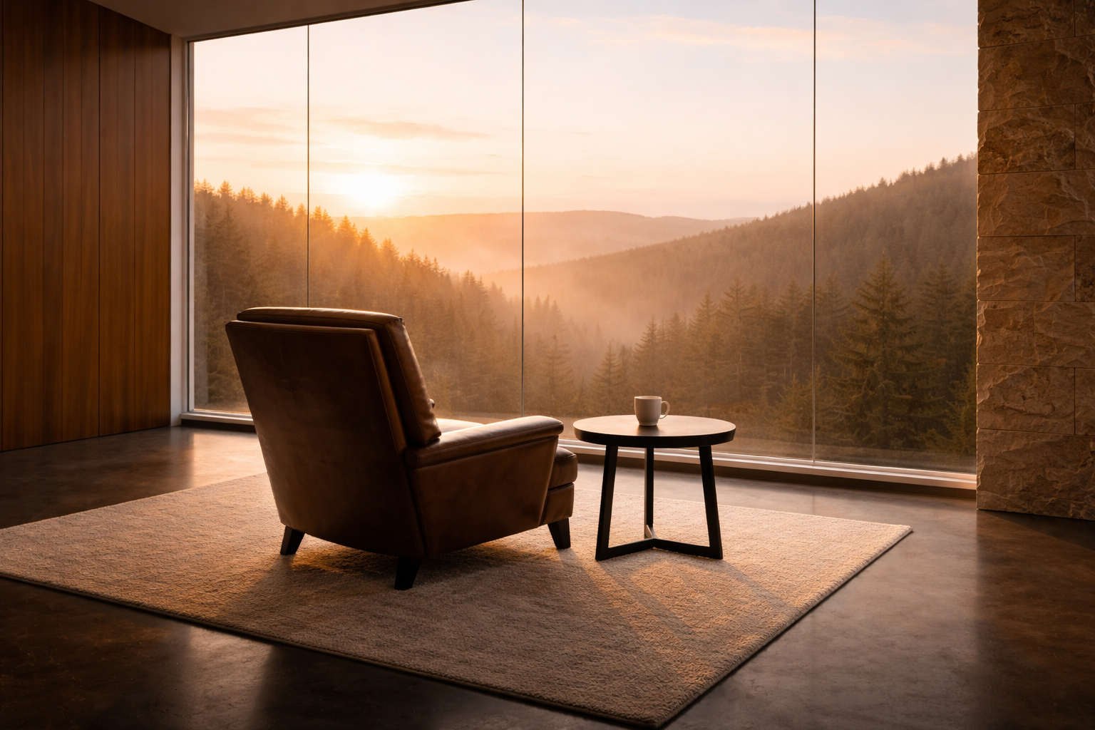 Empty leather armchair facing a misty forested valley at sunrise through floor-to-ceiling windows